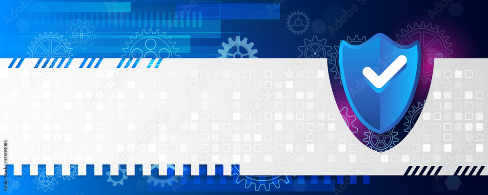 Poster Protection from virus attack. Global antivirus secure system. Abstract blue background with various technology elements.  Futuristic padlock vector illustration. Cyber attack protection.