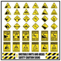Set of safety caution and warning signs of unstable units and areas that may lead to accident. Risk of working at unstable area. Accident prevention signs and symbols for workplace.