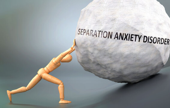Separation anxiety disorder and human condition, pictured as a human figure pushing weight to show how hard it can be to deal with Separation anxiety disorder, 3d illustration