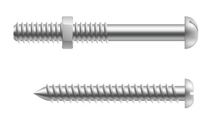 Realistic metal screws. Construction hardware objects for fixing, repairing and construction