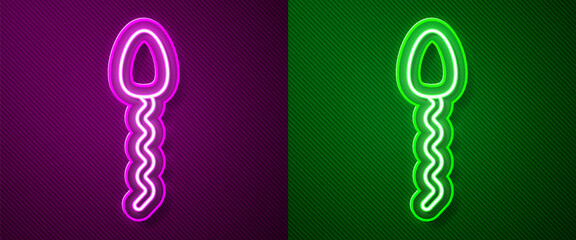 Glowing neon line Sperm icon isolated on purple and green background. Vector