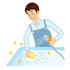 風呂を洗う男性