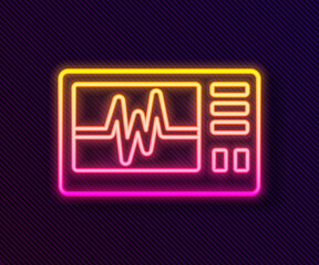 Glowing neon line Computer monitor with cardiogram icon isolated on black background. Monitoring icon. ECG monitor with heart beat hand drawn. Vector