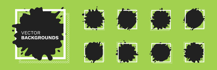 Set of round frames with grunge splash shapes. Vector background elements.