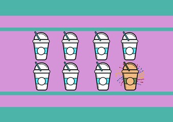 Illustration of eight takeaway drinks on loyalty card on green and purple stripes in background