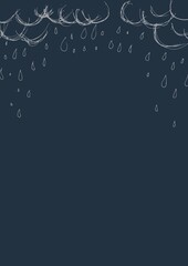 Illustration of white hand drawn clouds and raindrops with copy space on dark blue background