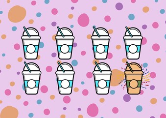 Illustration of eight takeaway drinks on loyalty card on multicoloured spots on pink background