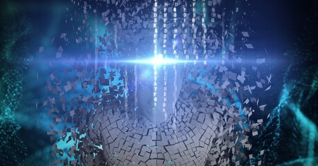 Composition of human bust formed with grey particles and data processing on blue background