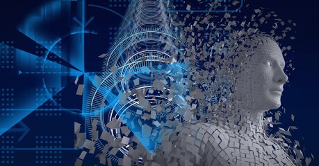 Composition of human bust formed with grey particles and scopes scanning on blue background