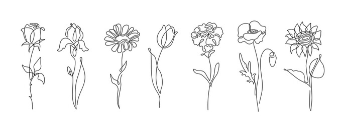 Flowers vector set illustration in simple minimal continuous outline line style. Nature blossom art for floral botanical logo design. Isolated on white background