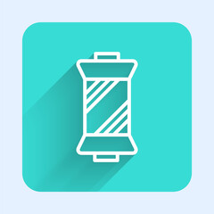 White line Sewing thread on spool icon isolated with long shadow. Yarn spool. Thread bobbin. Green square button. Vector