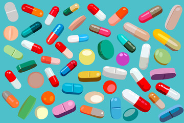 Wallpaper on a medical theme in the form of many pills and pills on a turquoise background.