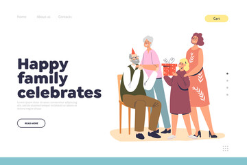 Happy family celebrate concept of landing page with relatives greeting grandfather with birthday