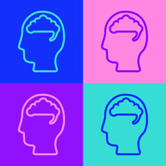 Pop art line Human brain icon isolated on color background. Vector