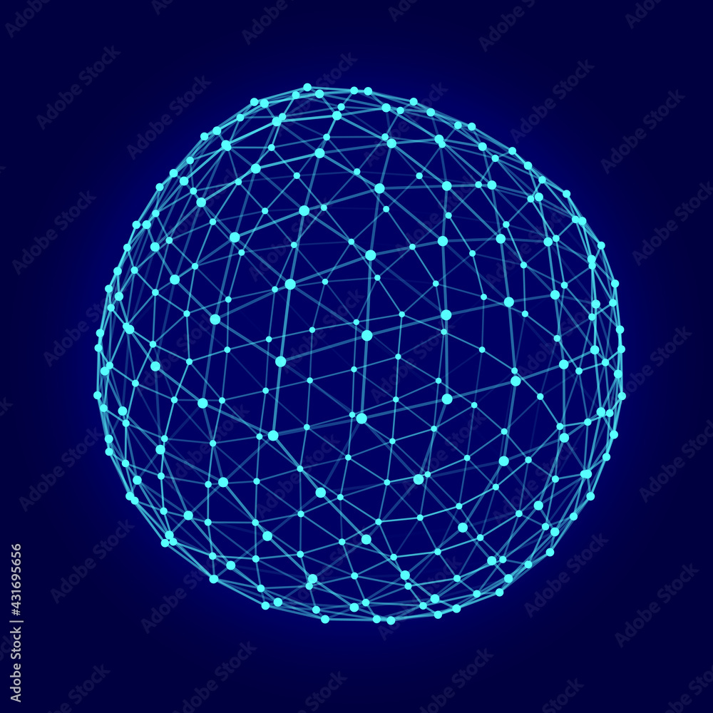 Poster technology grid sphere. blue sphere consisting of points and lines. modern wireframe elements. vecto
