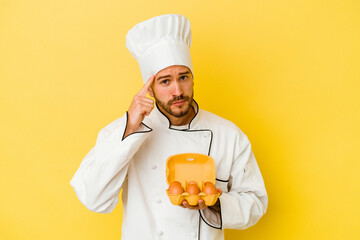 Young caucasian chef man holding eggs isolated on yellow background pointing temple with finger, thinking, focused on a task.