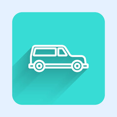 White line Hearse car icon isolated with long shadow. Green square button. Vector