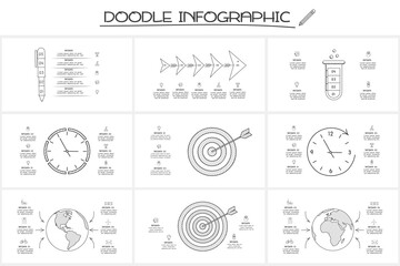 Set doodle infographic elements with 3, 4, 5, 6 options. Vector business template for presentation