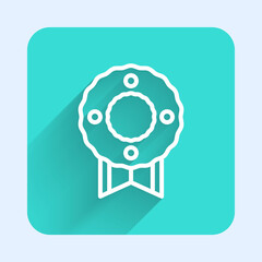 Obraz premium White line Memorial wreath icon isolated with long shadow. Funeral ceremony. Green square button. Vector