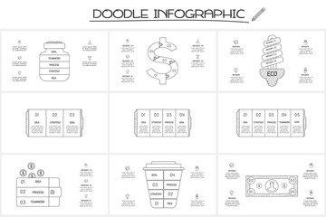 Set doodle infographic elements with 3, 4, 5 options. Vector business template for presentation