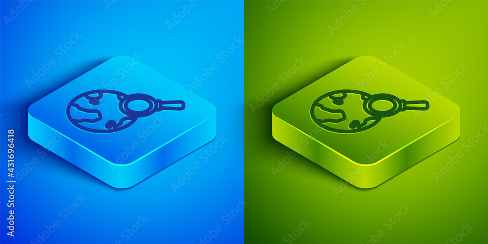 Poster isometric line magnifying glass with globe icon isolated on blue and green background. analyzing the
