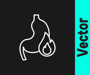 White line Stomach heartburn icon isolated on black background. Stomach burn. Gastritis and acid reflux, indigestion and stomach pain problems. Vector