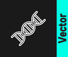 White line DNA symbol icon isolated on black background. Vector