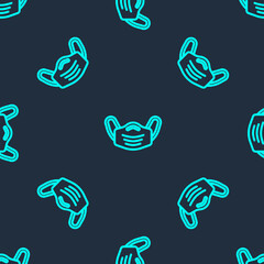Green line Medical protective mask icon isolated seamless pattern on blue background. Vector