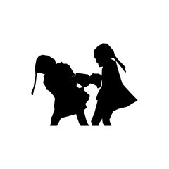 Girl take away toy from each other silhouette sign illustrator