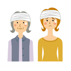 頭に包帯を巻く女性