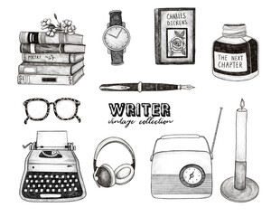 Writer vintage collection. Writing icons, hand-drawn illustrations on white isolated background. Typewriter, pen and ink, glasses, retro radio, headphones, candle, wrist watch, books - 431697606