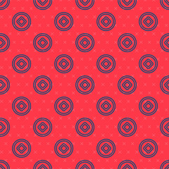 Blue line Chinese Yuan currency symbol icon isolated seamless pattern on red background. Coin money. Banking currency sign. Cash symbol. Vector