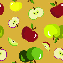 Juicy apples seamless pattern, a collection of colorful apples, apple slices, summer fruits repeat pattern, apple delight, healthy fresh food, vitamins, childish illustration style 