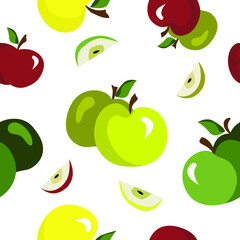 uicy apples seamless pattern, a collection of colorful apples on white background, apple slices, summer fruits repeat pattern, apple delight, healthy fresh food, childish illustration style