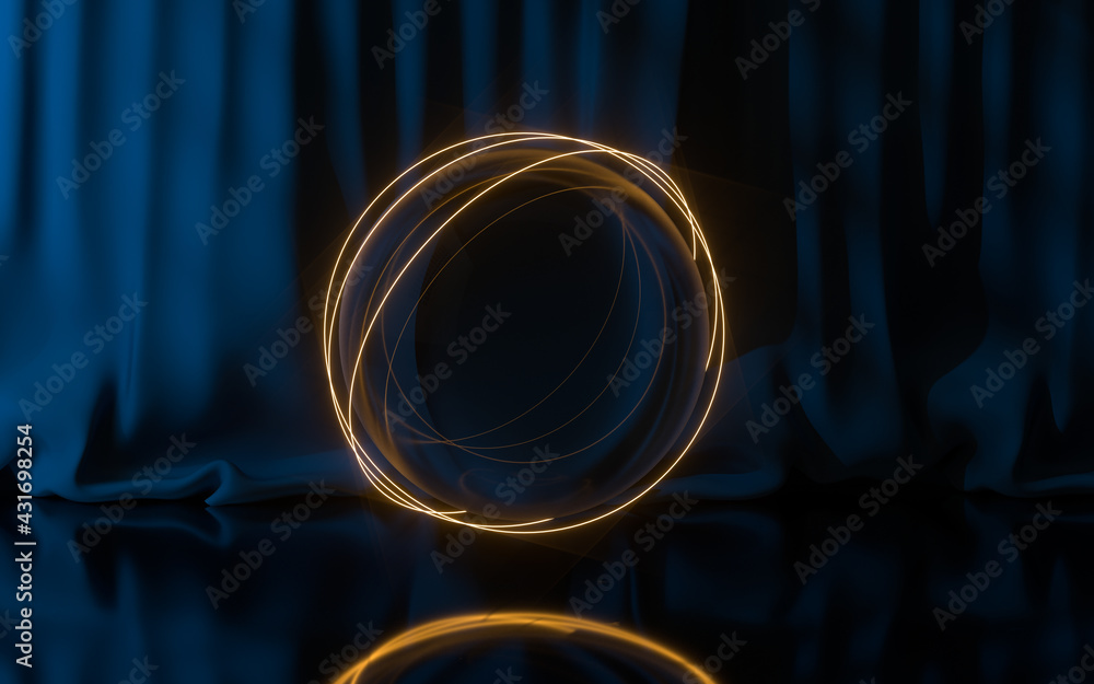 Poster empty stage with glowing neon lines, 3d rendering.