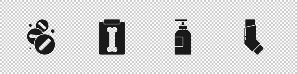 Set Medicine pill or tablet, X-ray shots, Hand sanitizer bottle and Inhaler icon. Vector