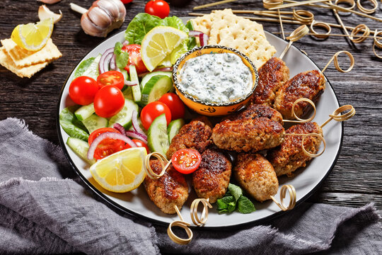 Spicy lamb and feta kofta skewers, top view