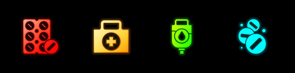 Set Pills in blister pack, First aid kit, IV bag and Medicine pill or tablet icon. Vector