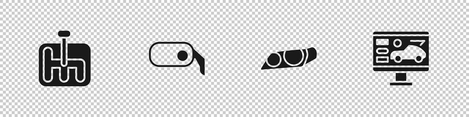 Set Gear shifter, Car rearview mirror, headlight and Diagnostics condition of car icon. Vector