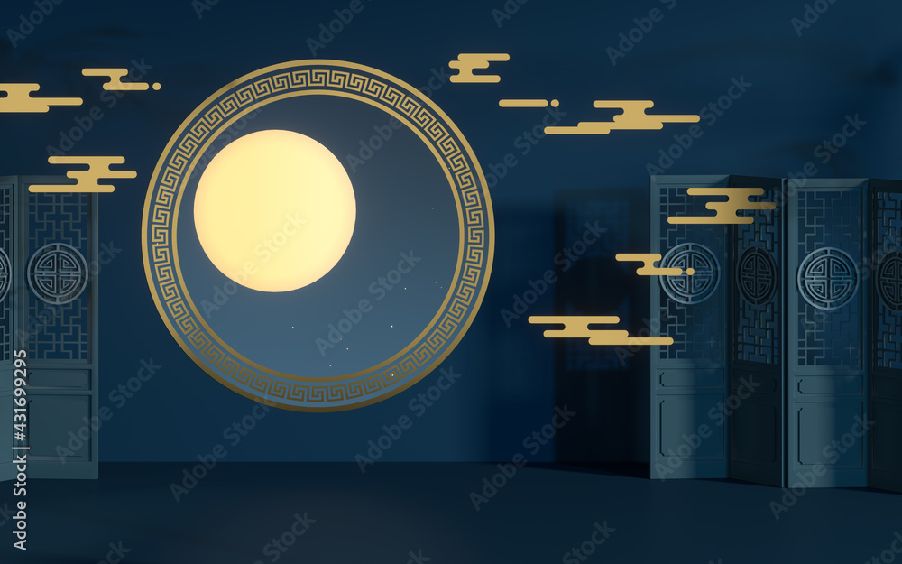 Aufkleber the room with an open window. the moon is outside. 3d rendering.