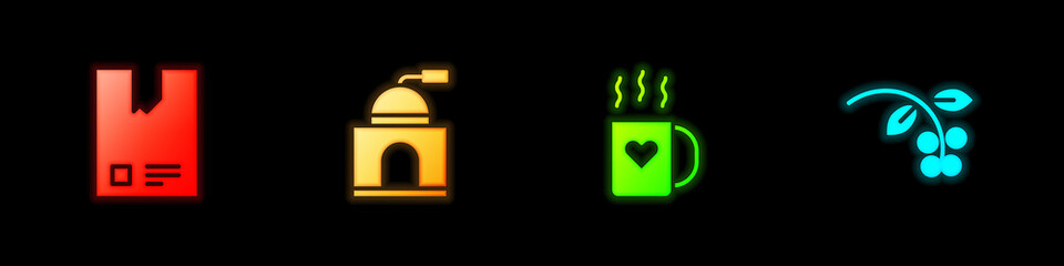 Set Bag of coffee beans, Manual grinder, Coffee cup and heart and bean, branch icon. Vector