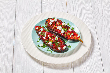 eggplants stuffed with savory tomatoes and feta
