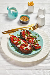 eggplants stuffed with savory tomatoes and feta