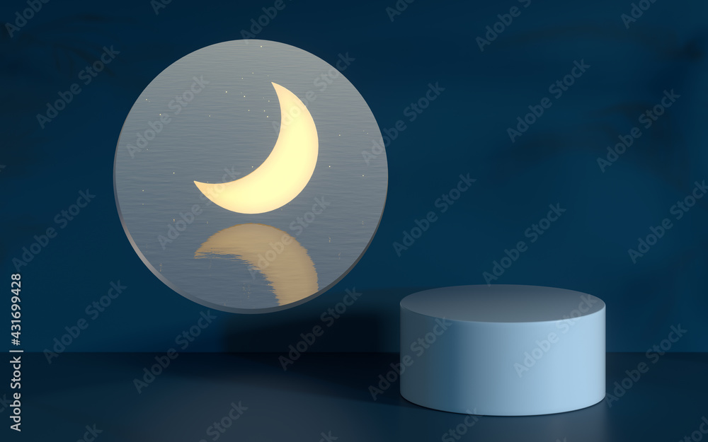Poster the room with an open window. the moon is outside. 3d rendering.