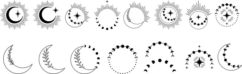 Vector illustration set of moon phases. Mysterious moon activity stages, sacred geometry moon, magic astrology symbols, phases of moon vector illustration. Mystic lunar phases for tattoo logo