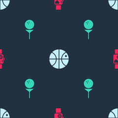 Set Smart watch showing heart beat rate, Basketball ball and Golf on tee on seamless pattern. Vector