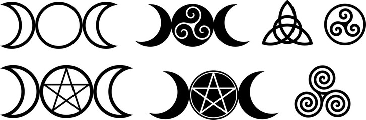 Collection of magical wiccan and pagan symbols: pentagram, triple moon, spiral wheel of the year - obrazy, fototapety, plakaty