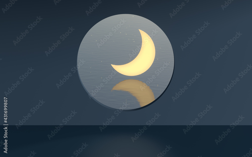 Aufkleber the room with an open window. the moon is outside. 3d rendering.