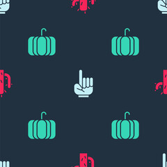Set Cactus, Number 1 one fan hand glove and Pumpkin on seamless pattern. Vector