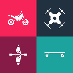 Set pop art Longboard or skateboard, Kayak canoe, Drone flying and Mountain bike icon. Vector